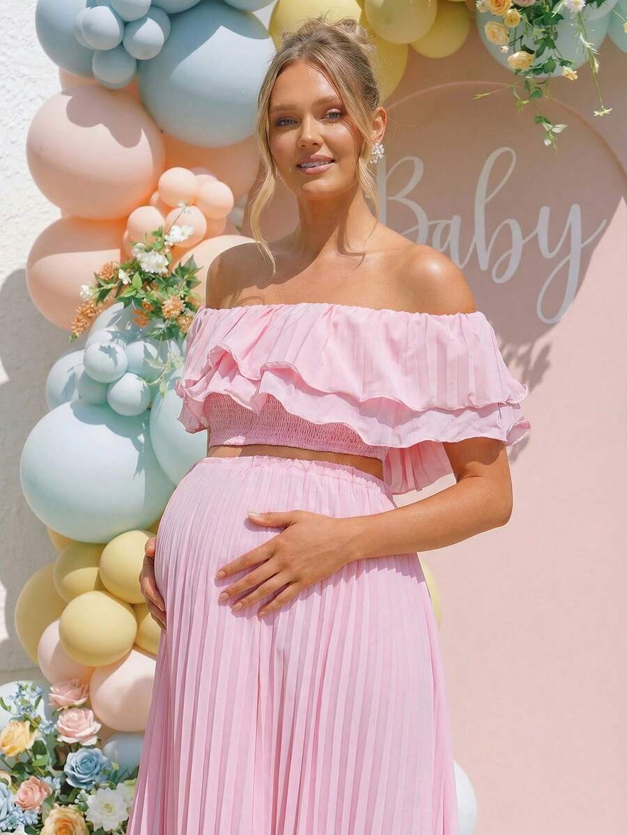 Maternity 2 Piece Set Off Shoulder Ruffle Pink Short Top and Long Skirt for Gender Reveal and Baby Shower