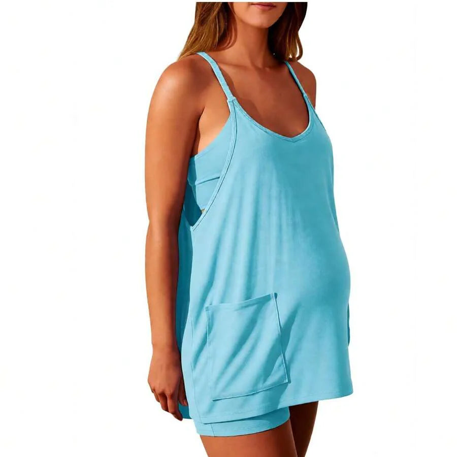 Maternity Dress Women's Workout Dress - Fitness Casual Mini Dress With Built-In Shorts, Sleeveless Style And Spaghetti Straps For Golf And Athletic Activities Maternity Clothes Khaki Dress,Fall Summer Short Dress,Fall Women Outfits,Office Wear,Work Women