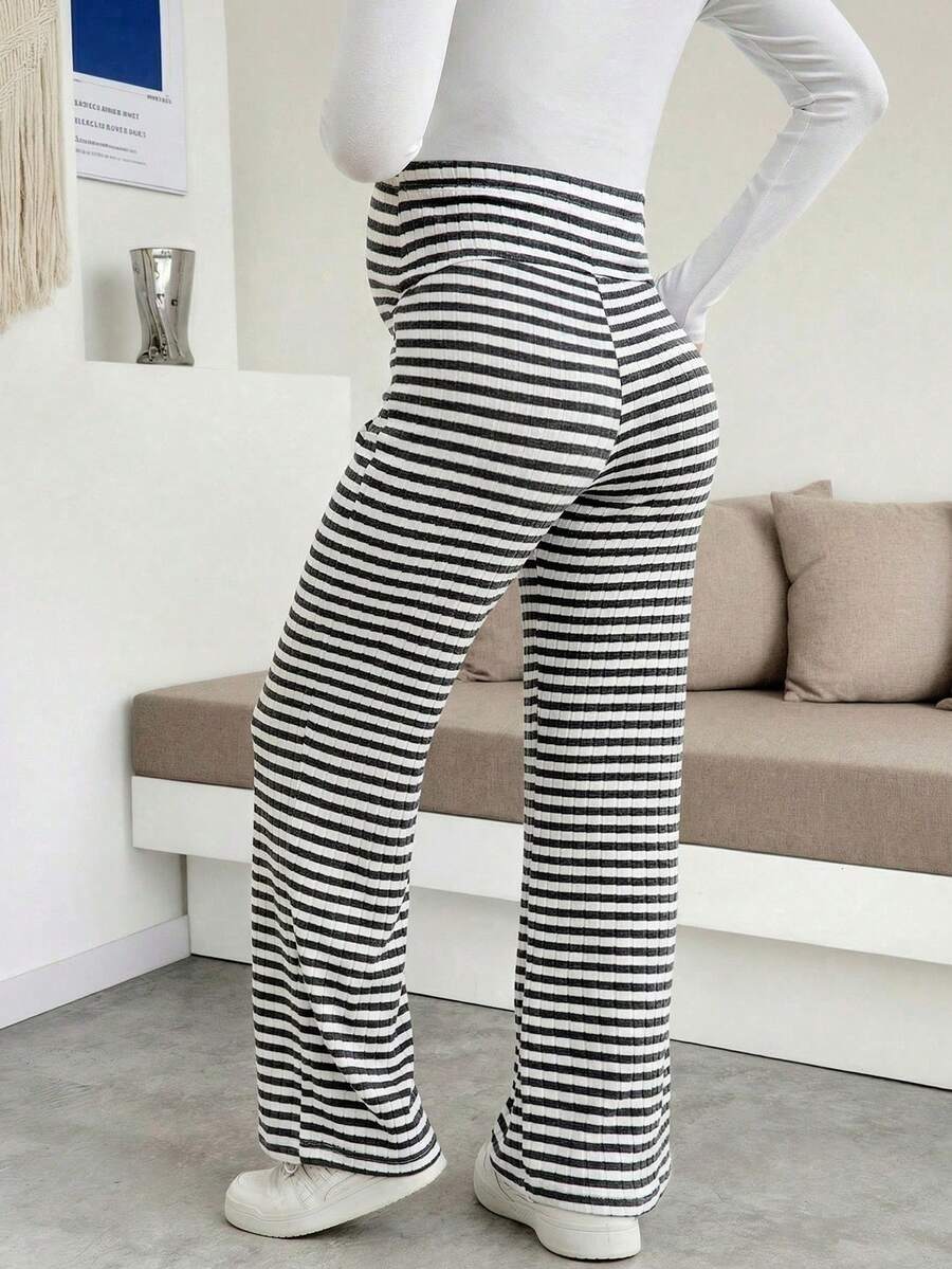 Maternity Plus Size High Waist Striped Wide Leg Pants - Black & Gray Knit Belly Support Lounge Trousers