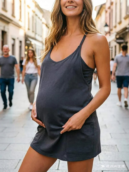 Maternity Dress Women's Workout Dress - Fitness Casual Mini Dress With Built-In Shorts, Sleeveless Style And Spaghetti Straps For Golf And Athletic Activities Maternity Clothes Khaki Dress,Fall Summer Short Dress,Fall Women Outfits,Office Wear,Work Women
