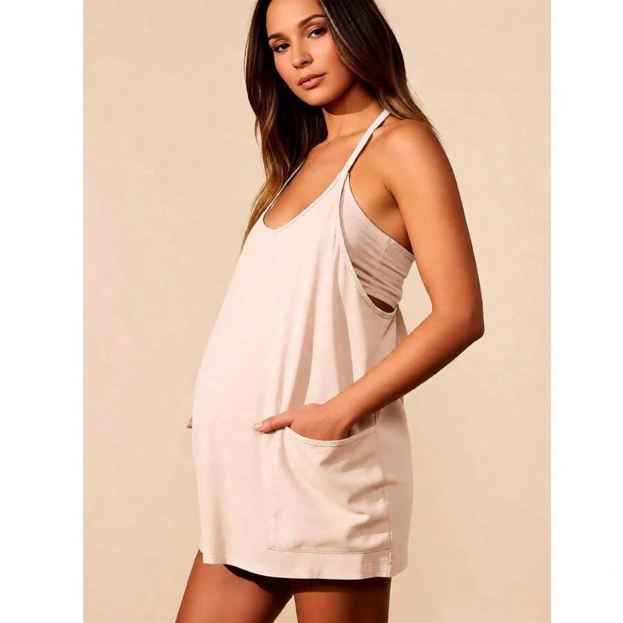 Maternity Dress Women's Workout Dress - Fitness Casual Mini Dress With Built-In Shorts, Sleeveless Style And Spaghetti Straps For Golf And Athletic Activities Maternity Clothes Khaki Dress,Fall Summer Short Dress,Fall Women Outfits,Office Wear,Work Women
