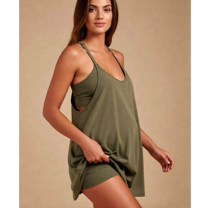 Maternity Dress Women's Workout Dress - Fitness Casual Mini Dress With Built-In Shorts, Sleeveless Style And Spaghetti Straps For Golf And Athletic Activities Maternity Clothes Khaki Dress,Fall Summer Short Dress,Fall Women Outfits,Office Wear,Work Women