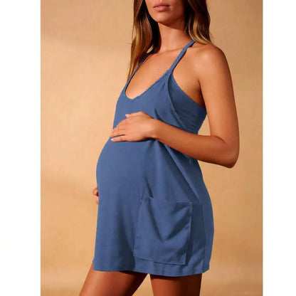 Maternity Dress Women's Workout Dress - Fitness Casual Mini Dress With Built-In Shorts, Sleeveless Style And Spaghetti Straps For Golf And Athletic Activities Maternity Clothes Khaki Dress,Fall Summer Short Dress,Fall Women Outfits,Office Wear,Work Women