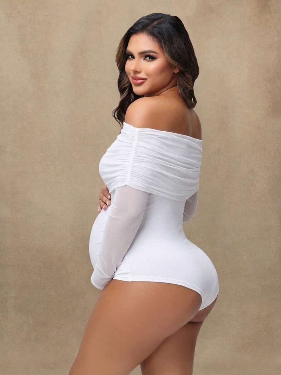Maternity Open Shoulder Mesh Collar Jumpsuit, Sexy Sheer Long Sleeve Romper For Photoshoot Black Spring