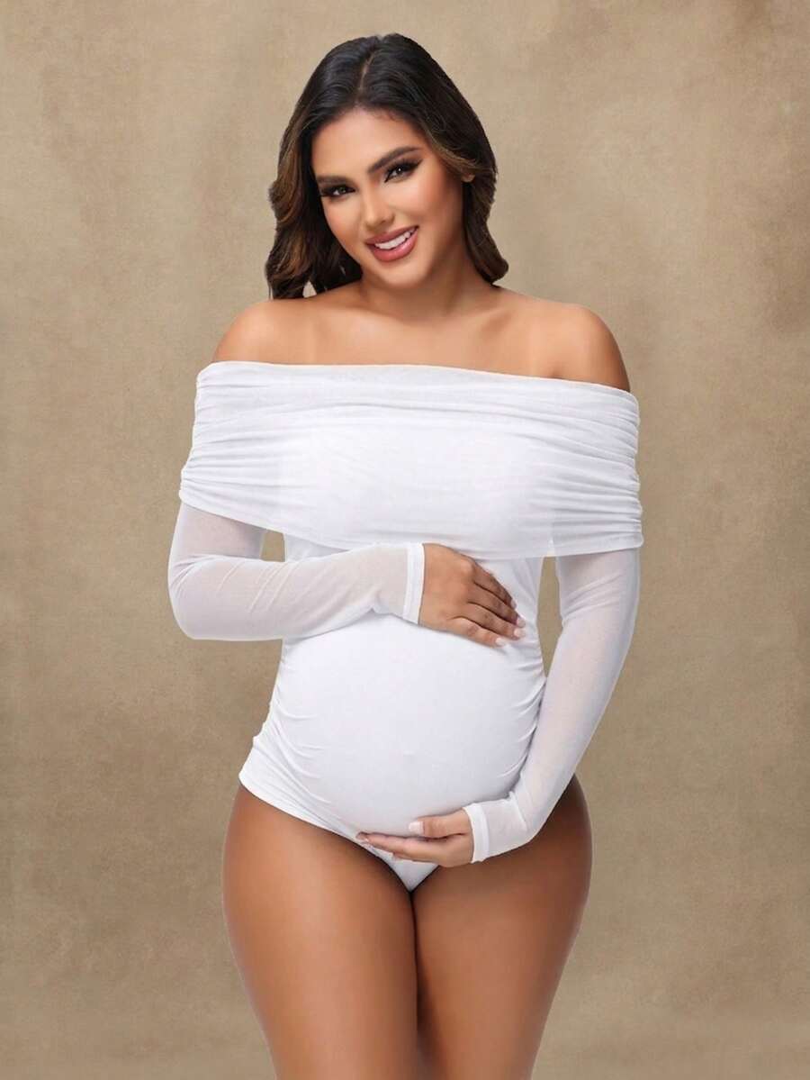 Maternity Open Shoulder Mesh Collar Jumpsuit, Sexy Sheer Long Sleeve Romper For Photoshoot Black Spring