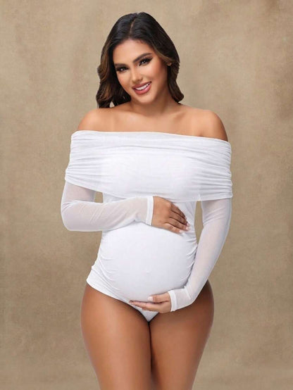 Maternity Open Shoulder Mesh Collar Jumpsuit, Sexy Sheer Long Sleeve Romper For Photoshoot Black Spring