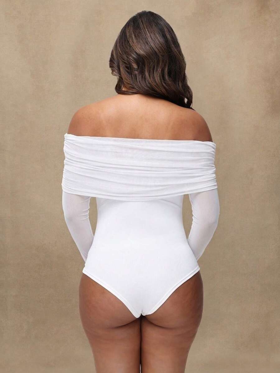 Maternity Open Shoulder Mesh Collar Jumpsuit, Sexy Sheer Long Sleeve Romper For Photoshoot Black Spring