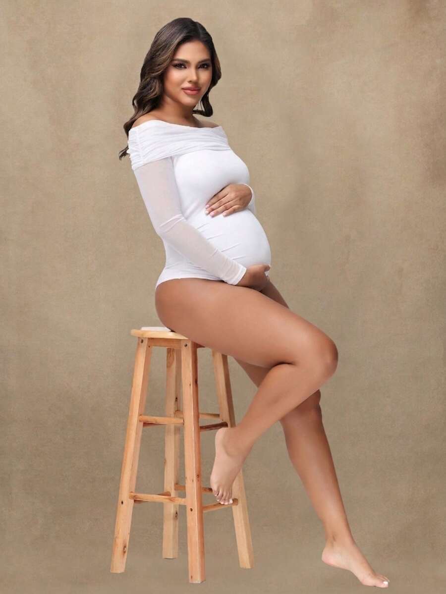 Maternity Open Shoulder Mesh Collar Jumpsuit, Sexy Sheer Long Sleeve Romper For Photoshoot Black Spring