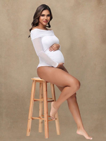 Maternity Open Shoulder Mesh Collar Jumpsuit, Sexy Sheer Long Sleeve Romper For Photoshoot Black Spring