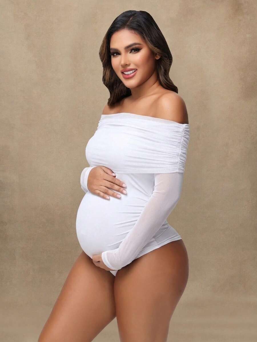Maternity Open Shoulder Mesh Collar Jumpsuit, Sexy Sheer Long Sleeve Romper For Photoshoot Black Spring