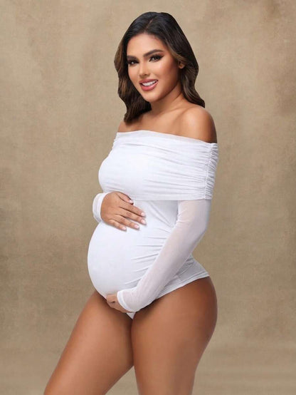 Maternity Open Shoulder Mesh Collar Jumpsuit, Sexy Sheer Long Sleeve Romper For Photoshoot Black Spring