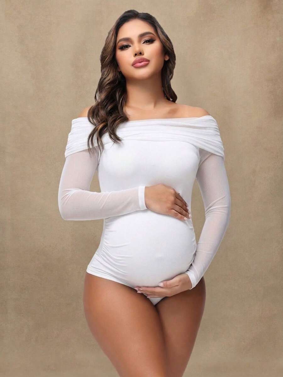 Maternity Open Shoulder Mesh Collar Jumpsuit, Sexy Sheer Long Sleeve Romper For Photoshoot Black Spring