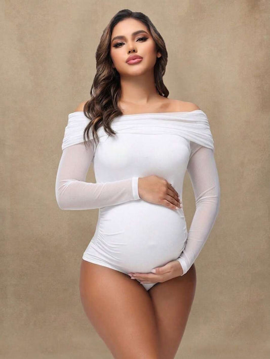 Maternity Open Shoulder Mesh Collar Jumpsuit, Sexy Sheer Long Sleeve Romper For Photoshoot Black Spring