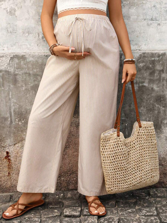 Apricot Ultra High Waist Maternity Straight Leg Pants with Drawstring Comfort Loose Fit Woven Long Pregnancy Trousers for Streetwear