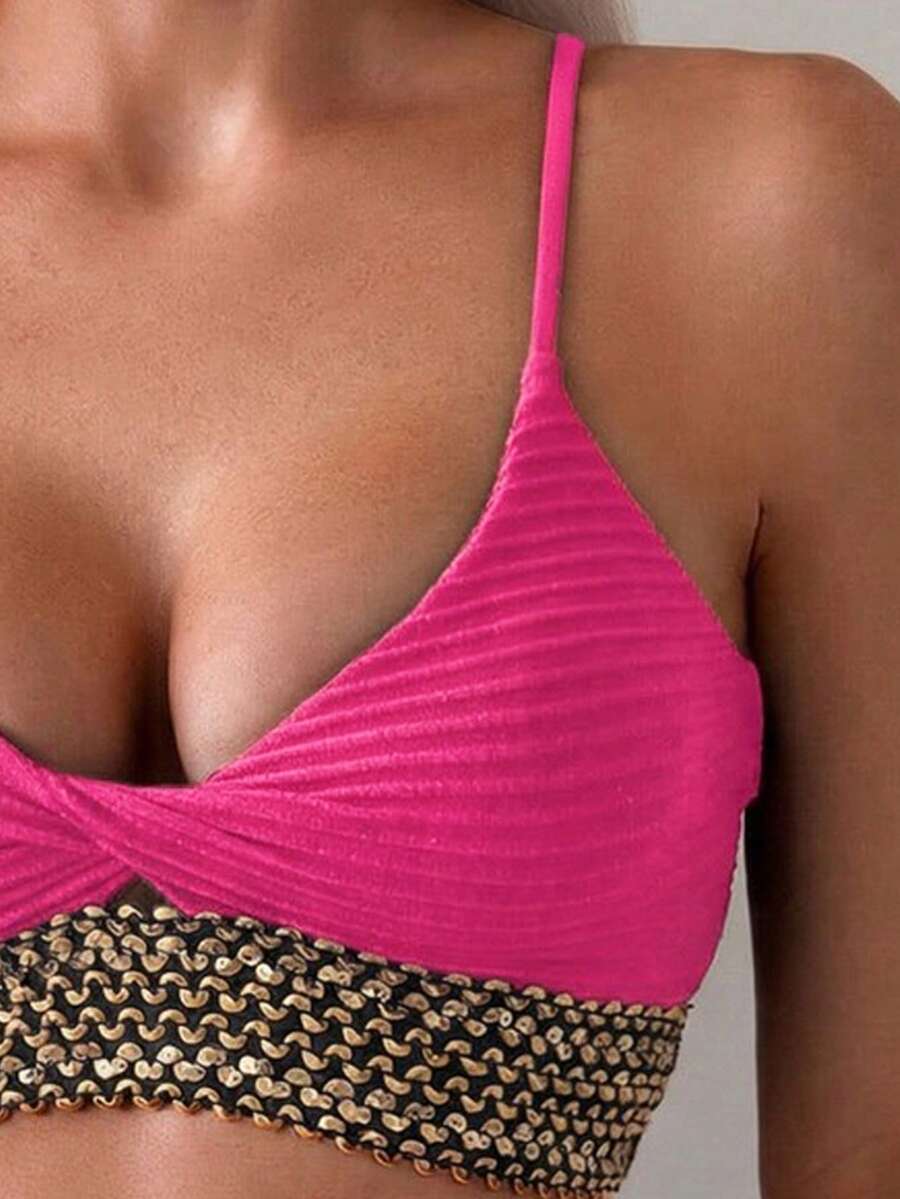 Swim Vcay Summer Beach Women Vacation Splice Woven Strap Simple And Fashionable Bikini Set With Separable Bikini Set