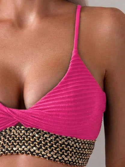 Swim Vcay Summer Beach Women Vacation Splice Woven Strap Simple And Fashionable Bikini Set With Separable Bikini Set