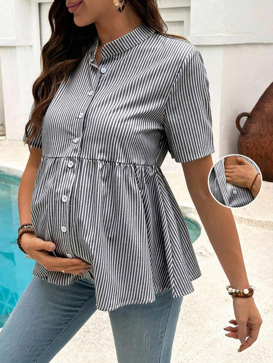 Maternity Nursing Striped Loose Dress Shirt Yellow Stand Collar Short Sleeve Button Front Top with Garterized Waist for Pregnant Women