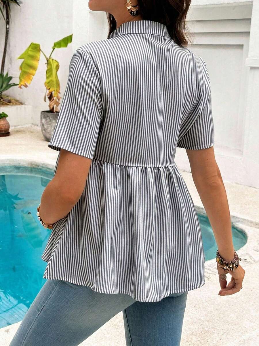 Maternity Nursing Striped Loose Dress Shirt Yellow Stand Collar Short Sleeve Button Front Top with Garterized Waist for Pregnant Women
