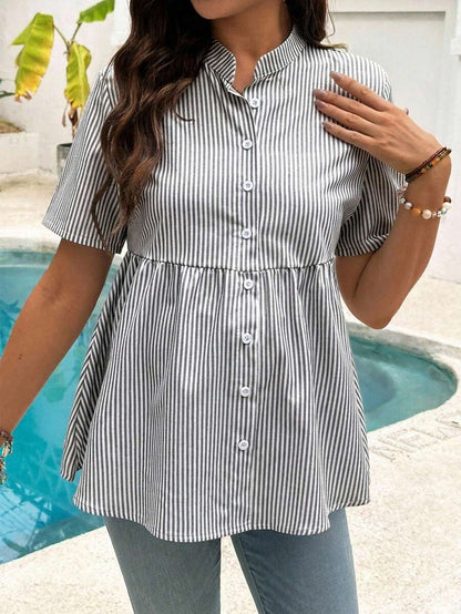 Maternity Nursing Striped Loose Dress Shirt Yellow Stand Collar Short Sleeve Button Front Top with Garterized Waist for Pregnant Women