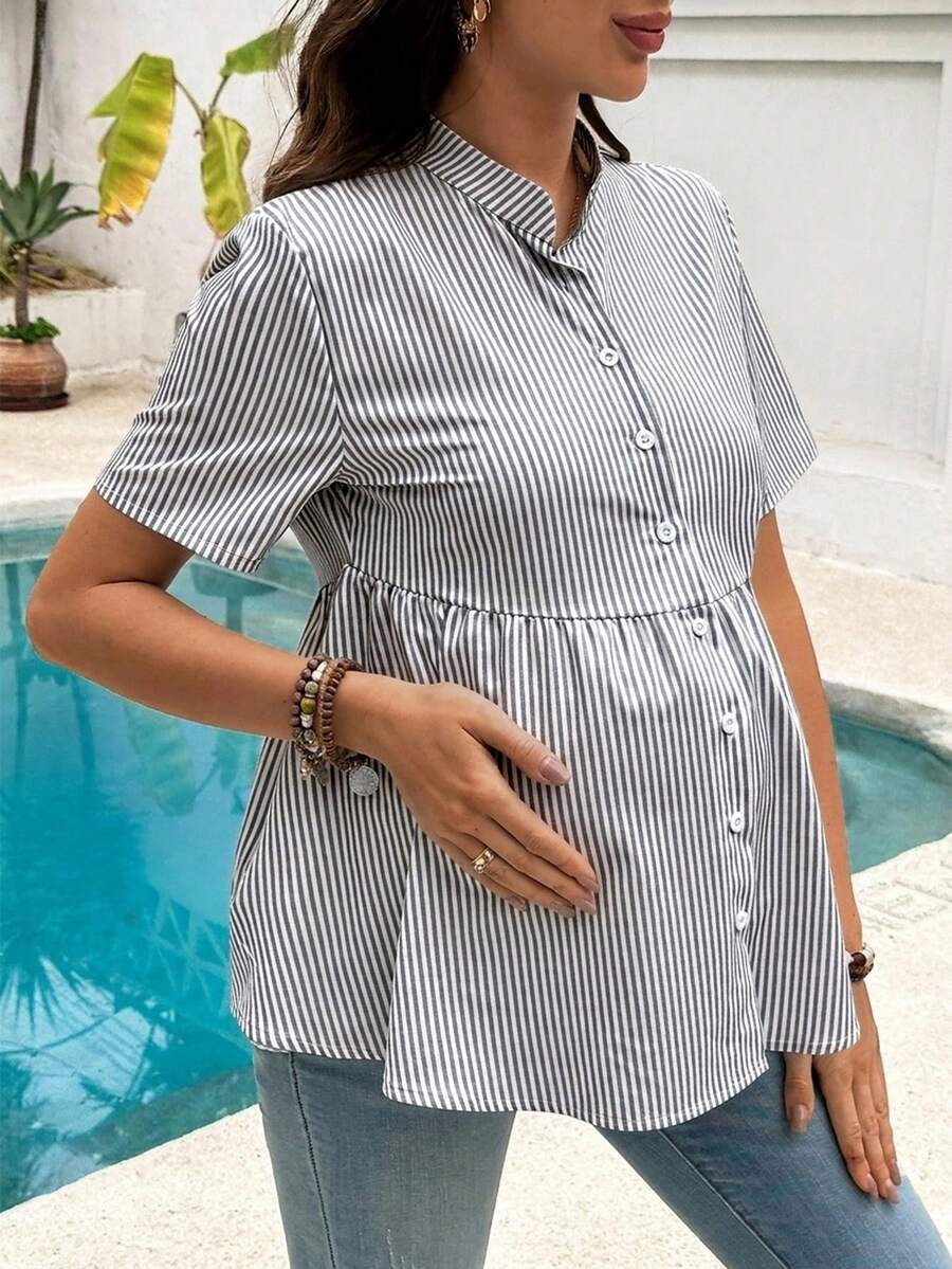 Maternity Nursing Striped Loose Dress Shirt Yellow Stand Collar Short Sleeve Button Front Top with Garterized Waist for Pregnant Women
