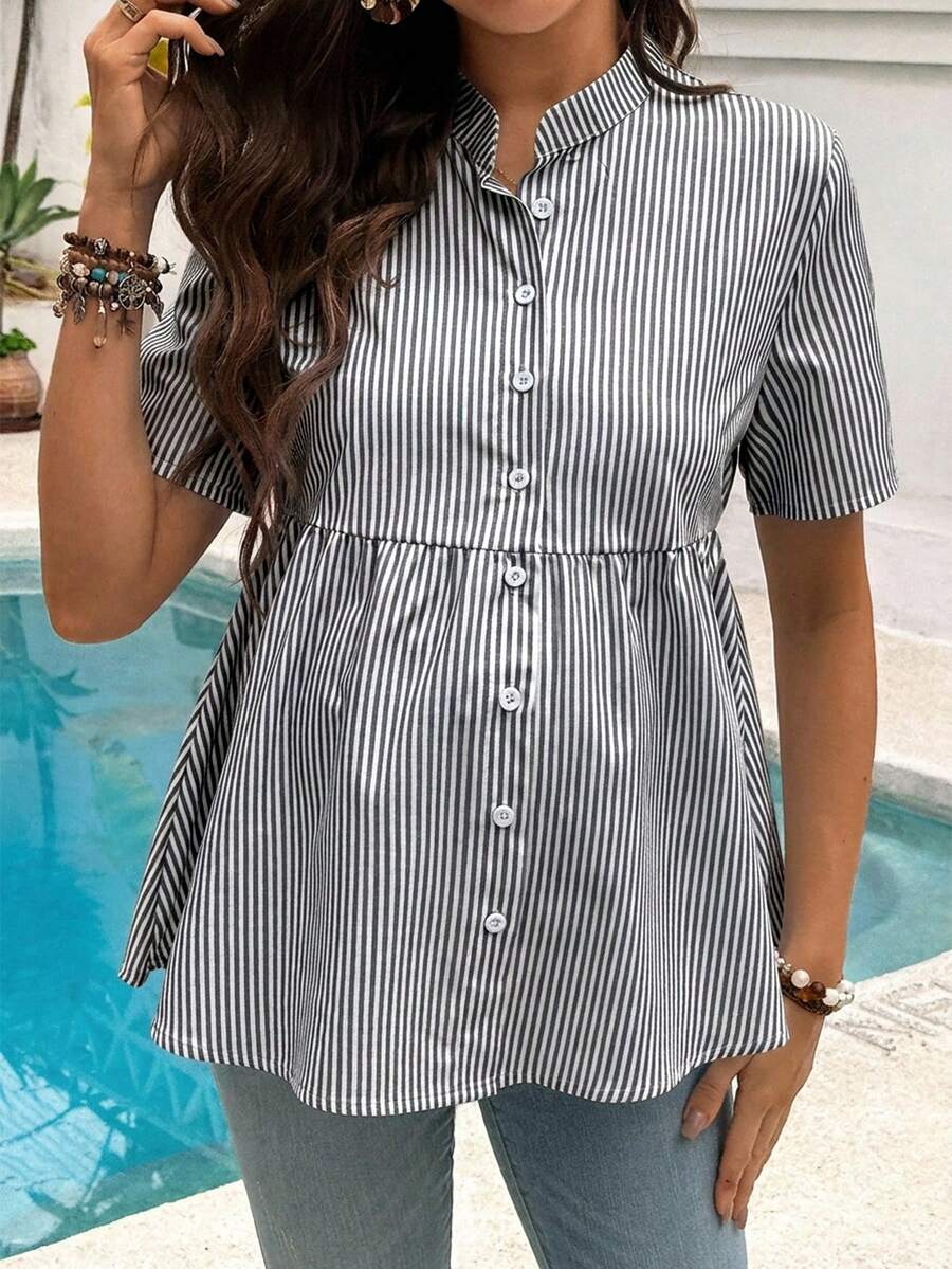 Maternity Nursing Striped Loose Dress Shirt Yellow Stand Collar Short Sleeve Button Front Top with Garterized Waist for Pregnant Women