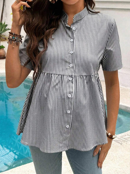 Maternity Nursing Striped Loose Dress Shirt Yellow Stand Collar Short Sleeve Button Front Top with Garterized Waist for Pregnant Women