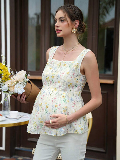 Maternity Floral Peplum Cami Top - Square Neck, Sleeveless, Drawstring, Multicolor