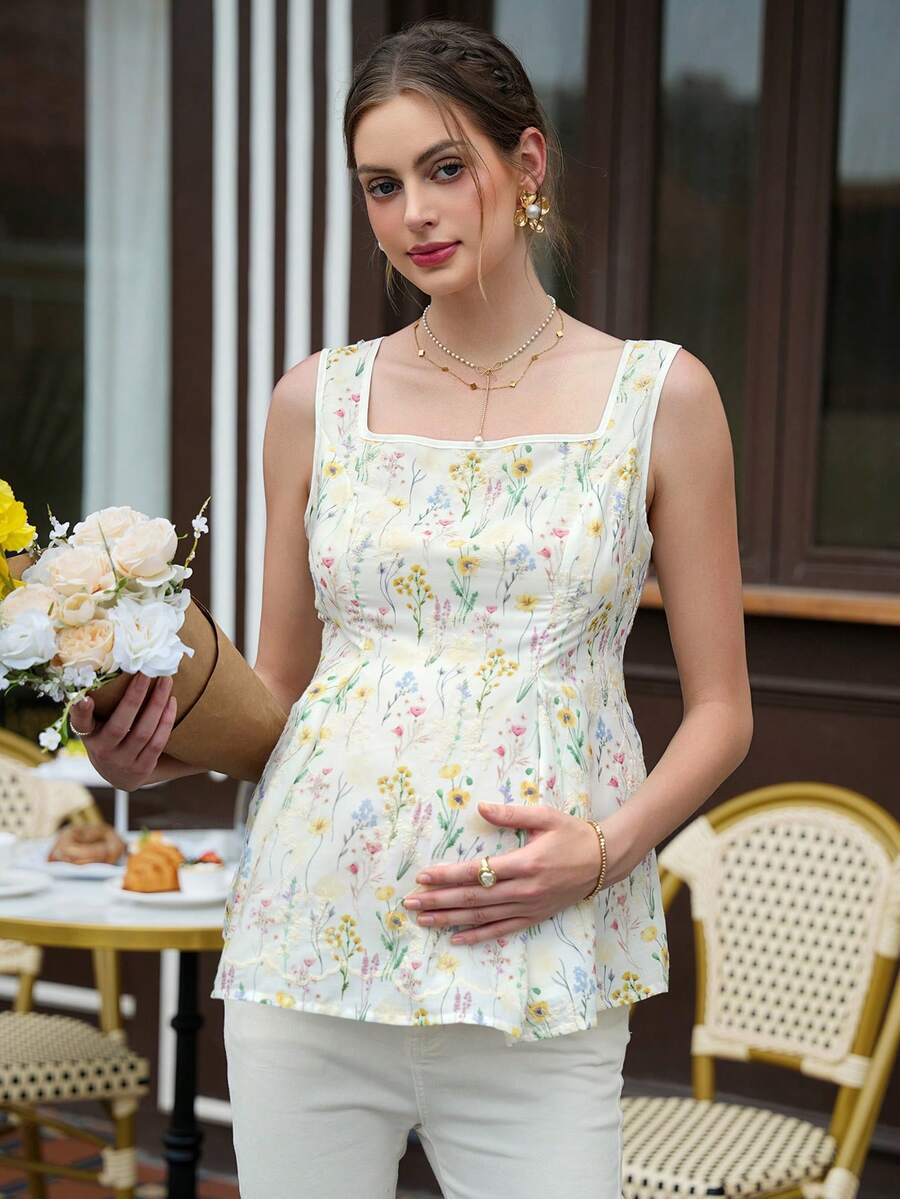 Maternity Floral Peplum Cami Top - Square Neck, Sleeveless, Drawstring, Multicolor