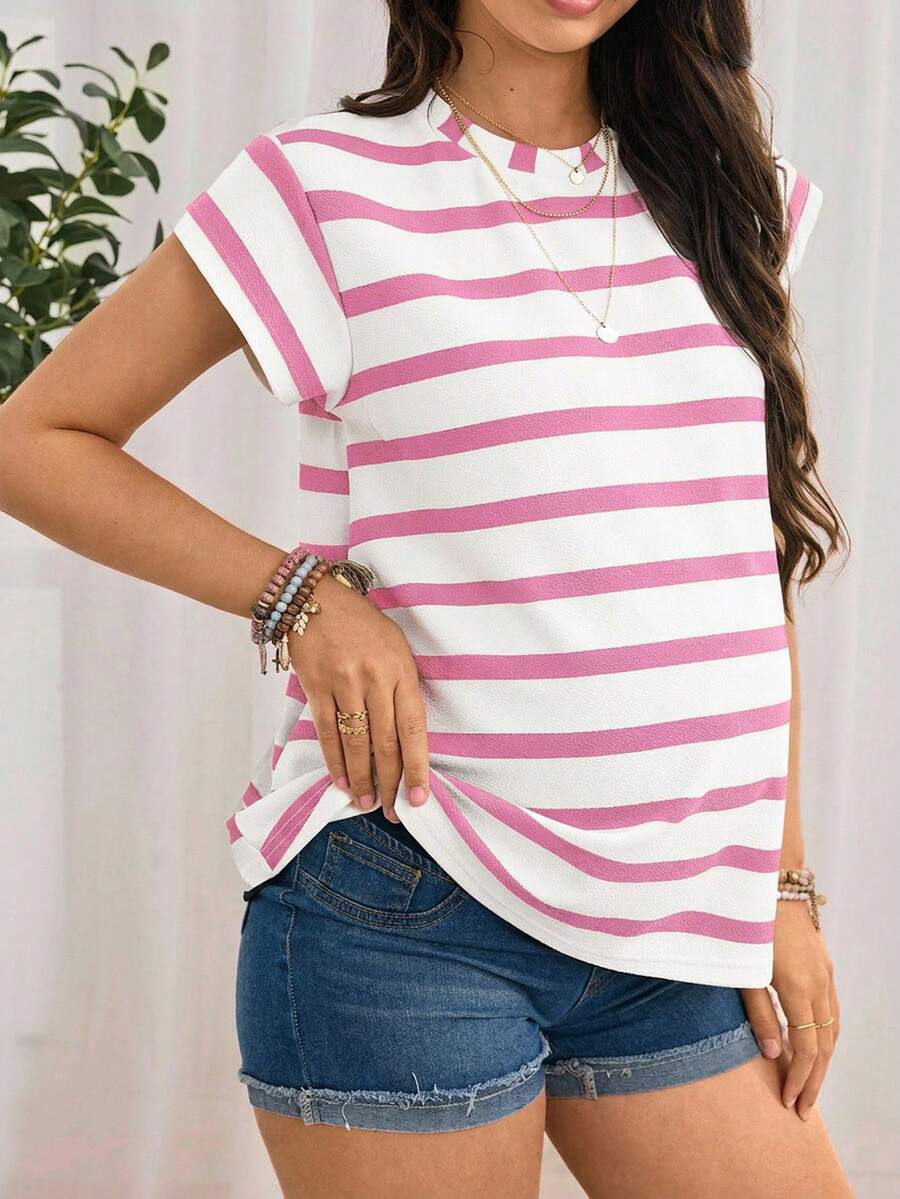Navy Blue Striped Maternity T-Shirt - Loose Fit Batwing Sleeve Round Neck Summer Top - Casual Knitted Cap Sleeve Pregnancy Shirt
