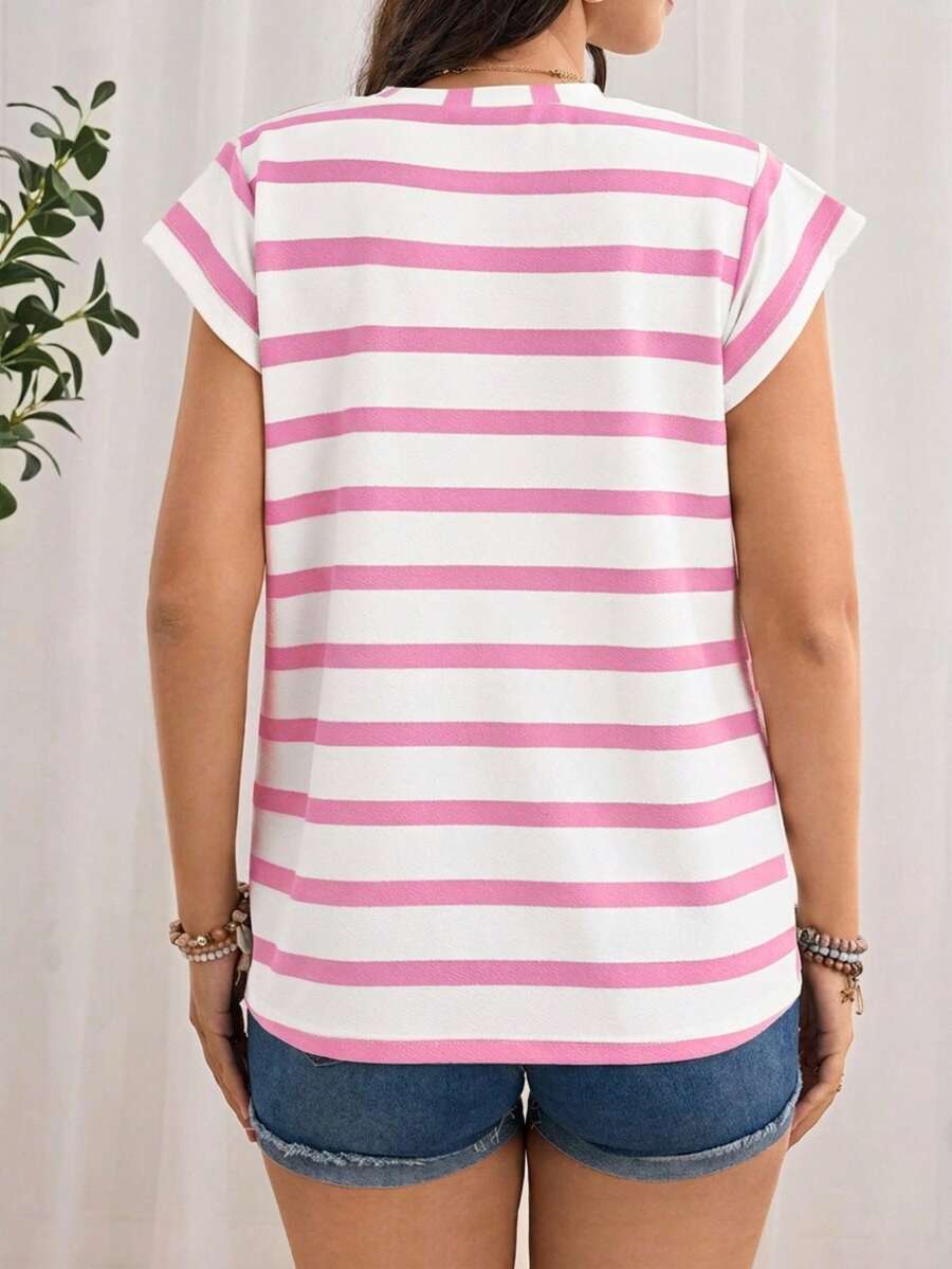 Navy Blue Striped Maternity T-Shirt - Loose Fit Batwing Sleeve Round Neck Summer Top - Casual Knitted Cap Sleeve Pregnancy Shirt