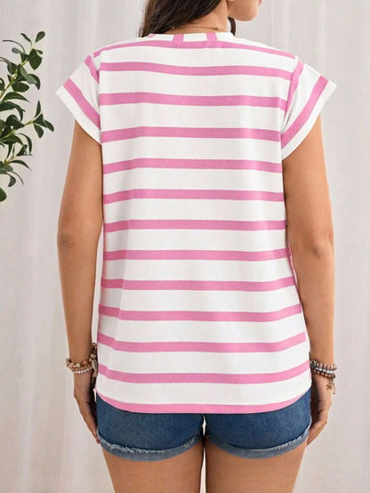 Navy Blue Striped Maternity T-Shirt - Loose Fit Batwing Sleeve Round Neck Summer Top - Casual Knitted Cap Sleeve Pregnancy Shirt