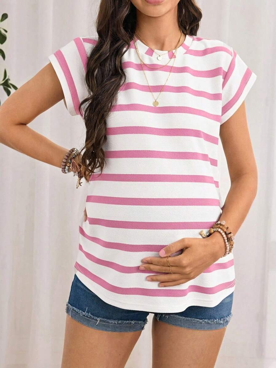 Maternity Short Sleeve Striped T-Shirt, Minimalist & Stylish, Suitable For Summer