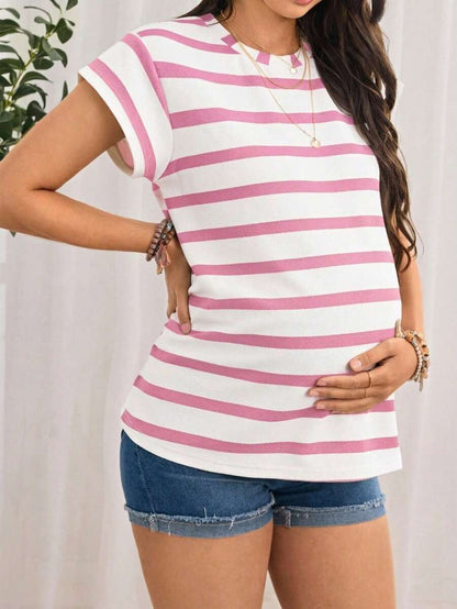 Navy Blue Striped Maternity T-Shirt - Loose Fit Batwing Sleeve Round Neck Summer Top - Casual Knitted Cap Sleeve Pregnancy Shirt