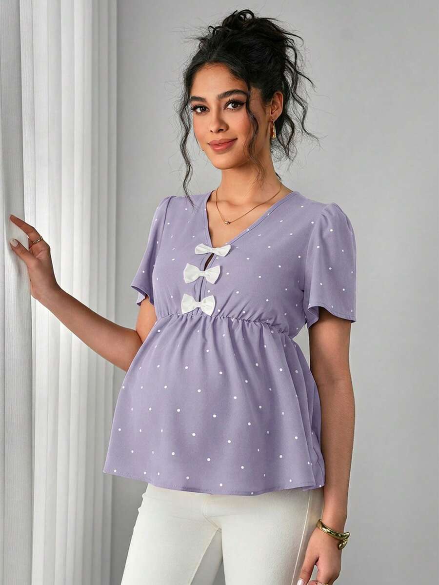 Maternity Polka Dot Peplum Top - V Neck, Bow Decor, Puff Sleeve, A-Line Hem, Navy Blue