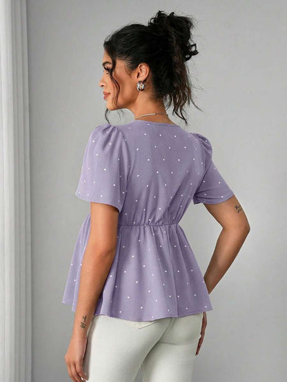 Maternity Polka Dot Peplum Top - V Neck, Bow Decor, Puff Sleeve, A-Line Hem, Navy Blue