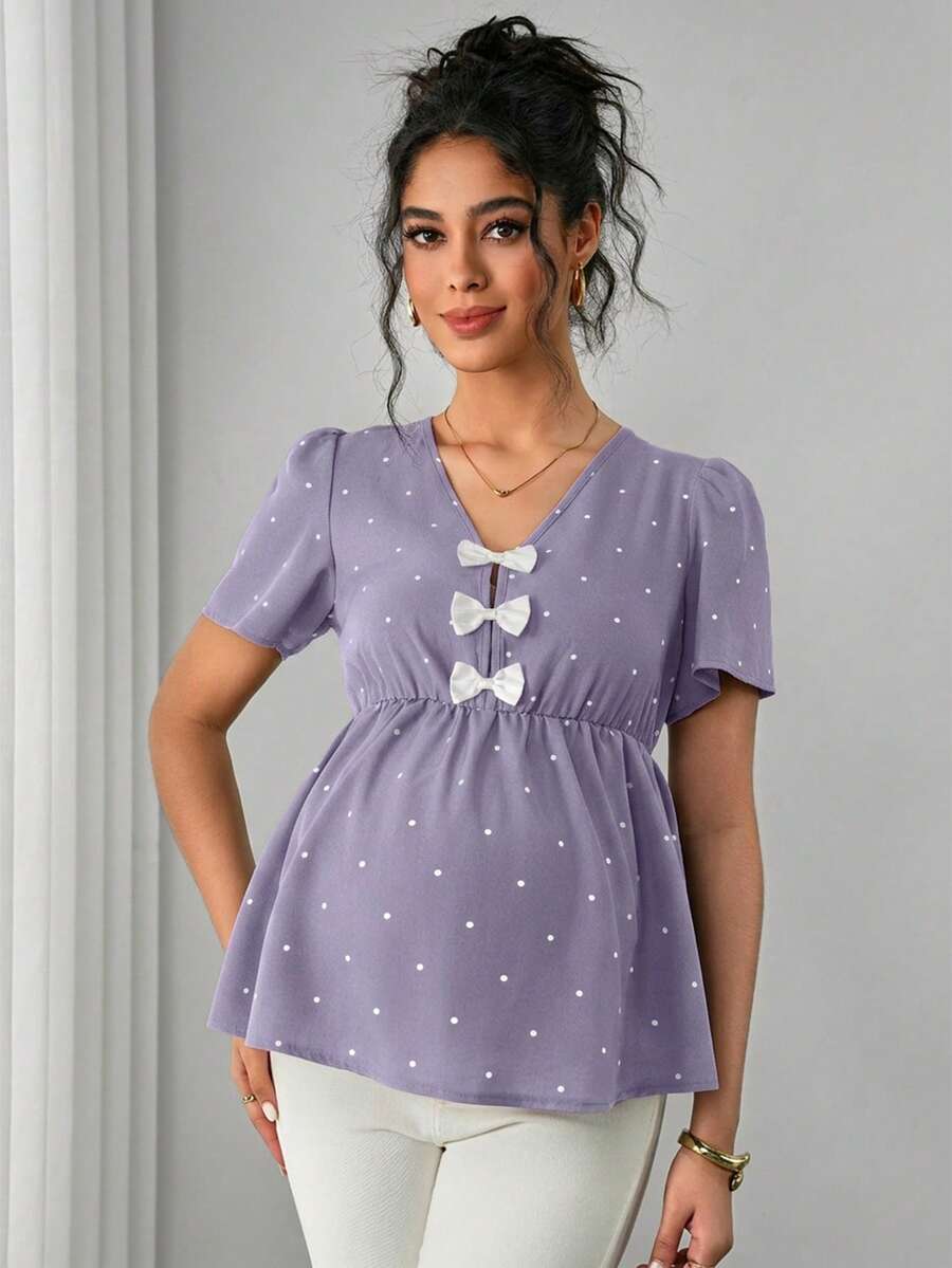 Maternity Polka Dot Peplum Top - V Neck, Bow Decor, Puff Sleeve, A-Line Hem, Navy Blue