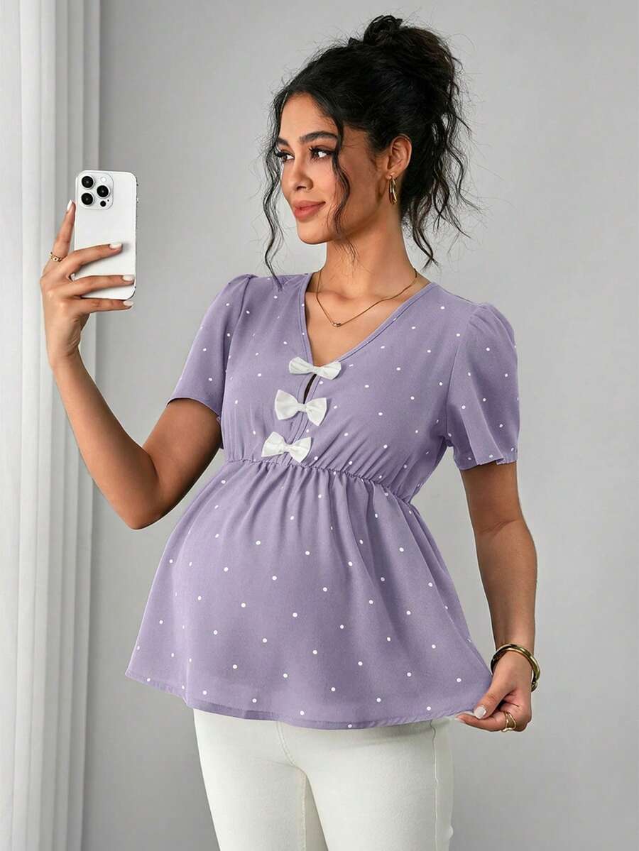 Maternity Polka Dot Peplum Top - V Neck, Bow Decor, Puff Sleeve, A-Line Hem, Navy Blue