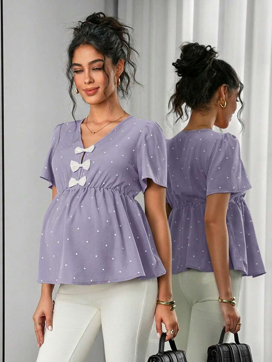 Maternity Polka Dot Peplum Top - V Neck, Bow Decor, Puff Sleeve, A-Line Hem, Navy Blue
