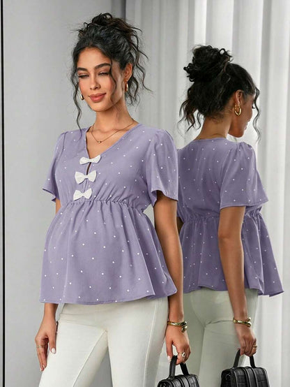Maternity Polka Dot Peplum Top - V Neck, Bow Decor, Puff Sleeve, A-Line Hem, Navy Blue