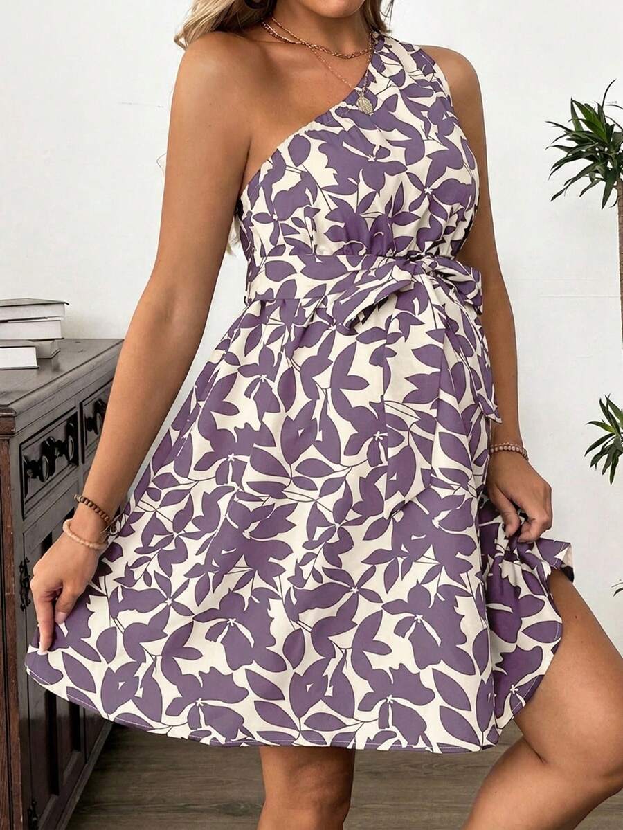 Maternity Floral Print Asymmetric Neck Knee Length Sleeveless Dress Boho A-Line Belted Dress for Office and Events