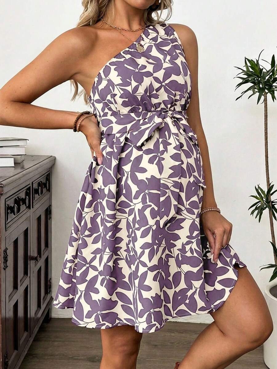 Maternity Floral Print Asymmetric Neck Knee Length Sleeveless Dress Boho A-Line Belted Dress for Office and Events