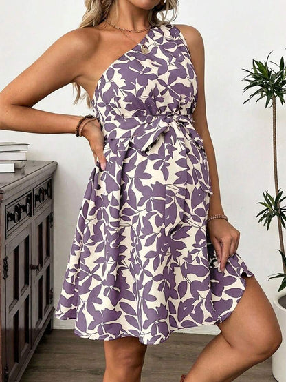 Maternity Floral Print Asymmetric Neck Knee Length Sleeveless Dress Boho A-Line Belted Dress for Office and Events