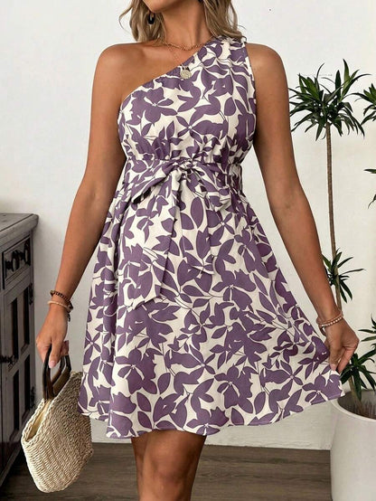 Maternity Floral Print Asymmetric Neck Knee Length Sleeveless Dress Boho A-Line Belted Dress for Office and Events