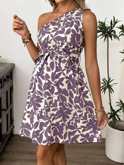 Maternity Floral Print Asymmetric Neck Knee Length Sleeveless Dress Boho A-Line Belted Dress for Office and Events