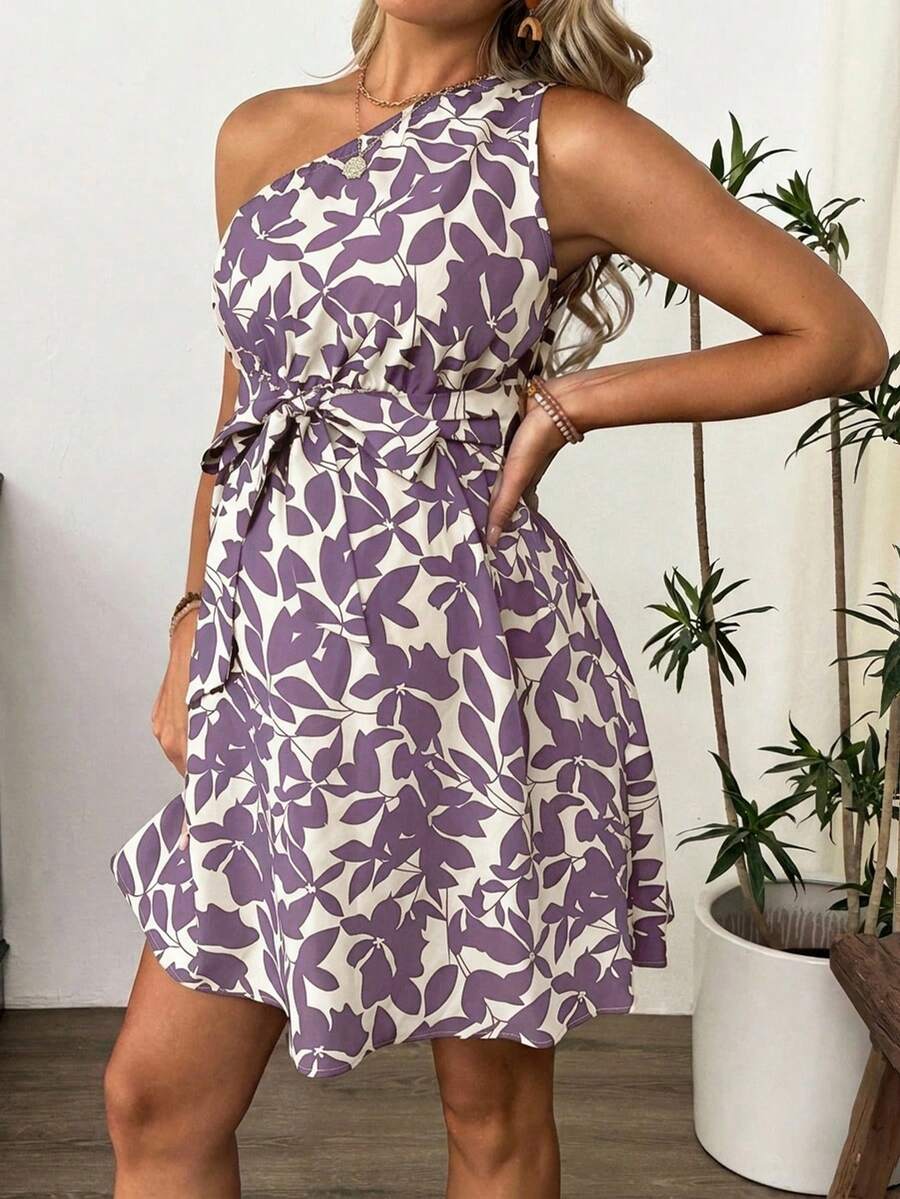 Maternity Floral Print Asymmetric Neck Knee Length Sleeveless Dress Boho A-Line Belted Dress for Office and Events