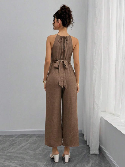 Maternity Jumpsuit With Wooden Bead Halter Neck, Tie Front Waist Bow Detail, Full Length Pants Maternity Women Pregnancy Clothes Maternity Clothes Baby Shower Guest Outfit Maternity Jumpsuits For Woman Jumpsuit For Pregnant Woman Pregnancy Outfits