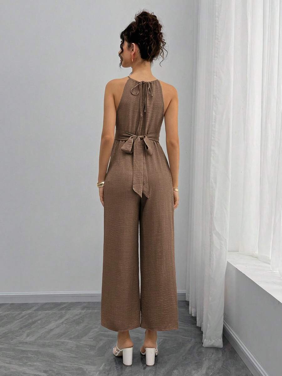 Maternity Jumpsuit With Wooden Bead Halter Neck, Tie Front Waist Bow Detail, Full Length Pants