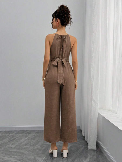 Maternity Jumpsuit With Wooden Bead Halter Neck, Tie Front Waist Bow Detail, Full Length Pants