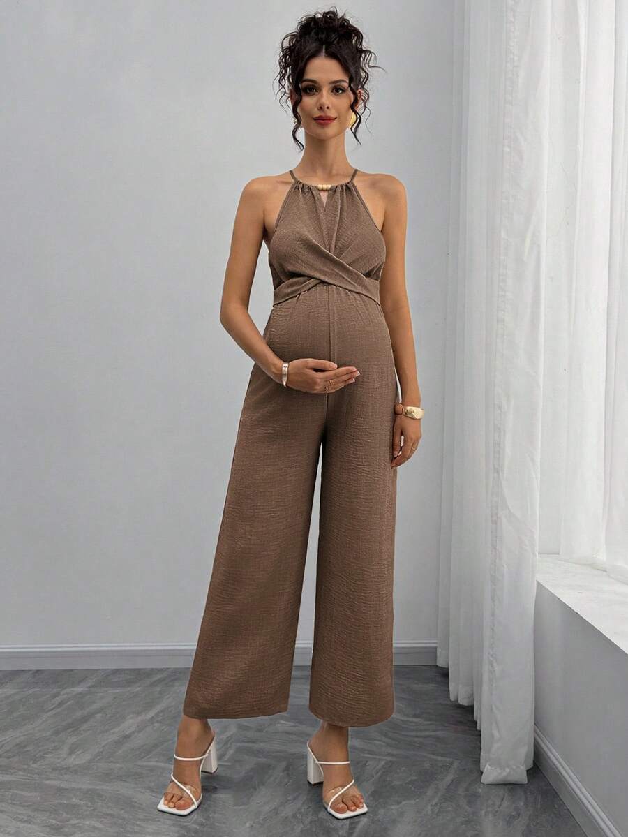 Maternity Jumpsuit With Wooden Bead Halter Neck, Tie Front Waist Bow Detail, Full Length Pants Maternity Women Pregnancy Clothes Maternity Clothes Baby Shower Guest Outfit Maternity Jumpsuits For Woman Jumpsuit For Pregnant Woman Pregnancy Outfits