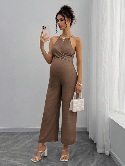 Maternity Jumpsuit With Wooden Bead Halter Neck, Tie Front Waist Bow Detail, Full Length Pants Maternity Women Pregnancy Clothes Maternity Clothes Baby Shower Guest Outfit Maternity Jumpsuits For Woman Jumpsuit For Pregnant Woman Pregnancy Outfits